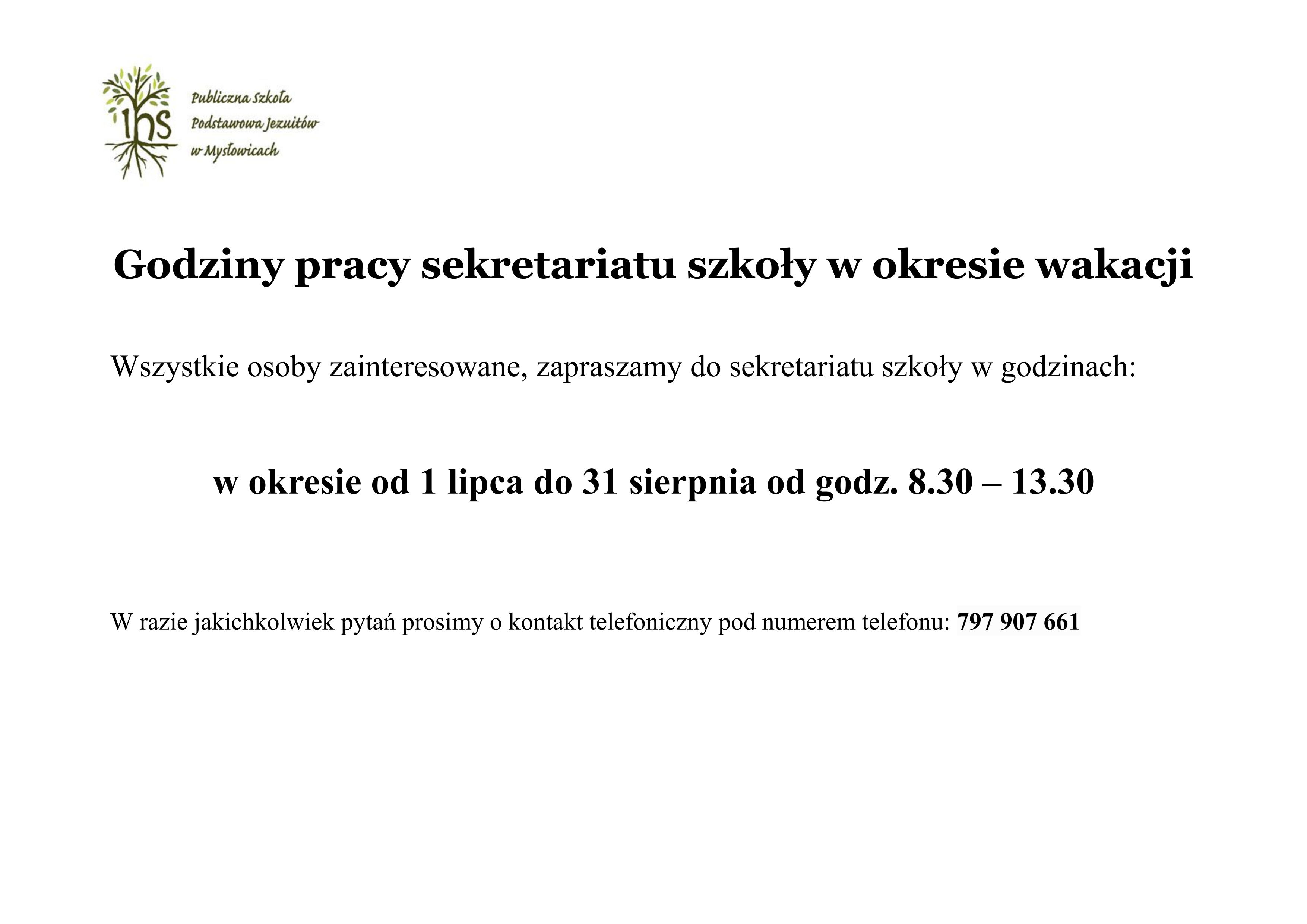 Godziny pracy sekretariatu szkoły w okresie wakacji